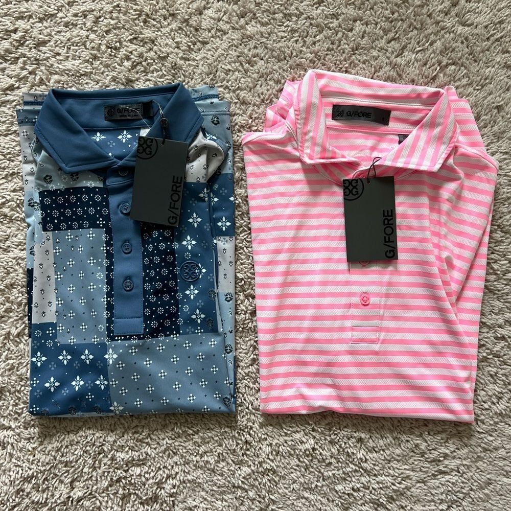 Lot of 2: G/Fore Men's Boro Patch Tech Pique Golf  and Candy Striped Polo